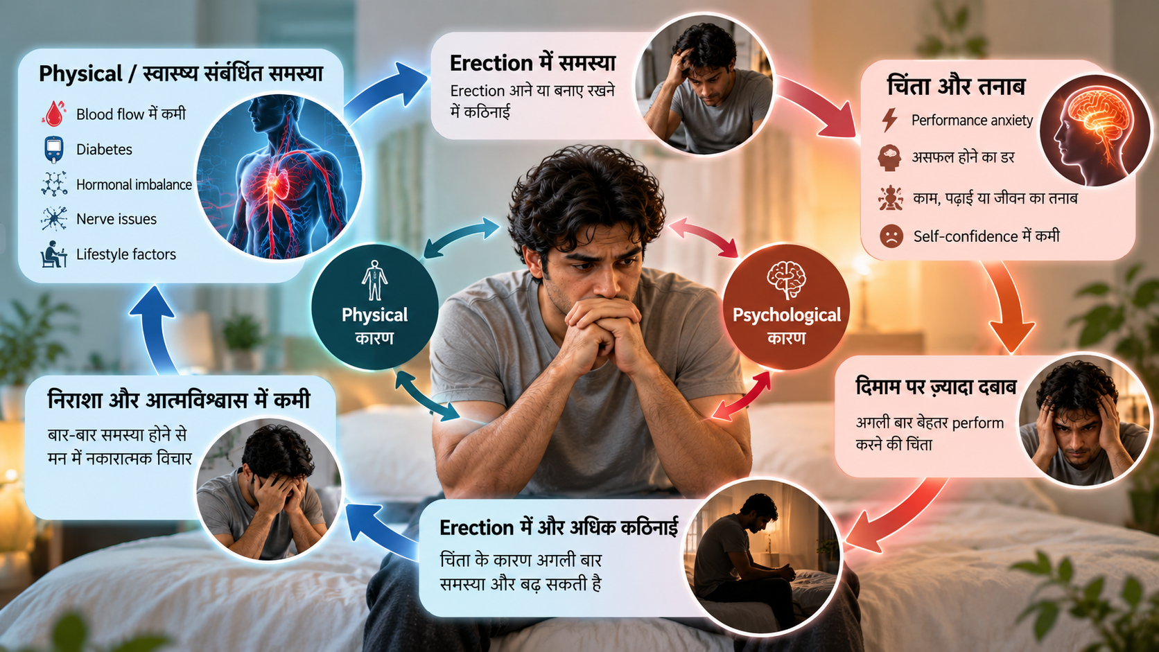 Physical और psychological factors के बीच Erectile Dysfunction cycle